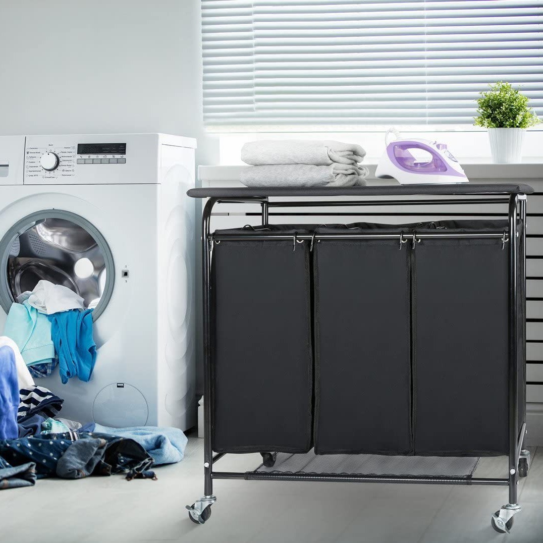 三格脏衣车可移动洗衣车带烫衣板脏衣篮牛津布多格收纳车其他绢花