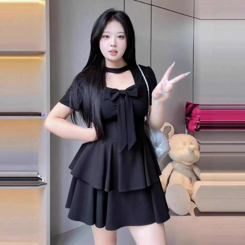 Plus Size Pure Lust Style Bow Dress for Women in Summer Fat mm Slimming Look Large Neckline Top Waist Skirt Two-Piece Set Plus Size Pure Lust Style Bow Dress for Women in Summer Fat mm Slimming Look Large Neckline Top Waist Skirt Two-Piece Set
