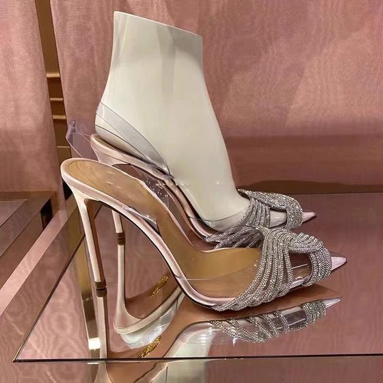 PVC Transparent Sandals Baotou Cross Rhinestone High-heeled Shoes 24 Spring and Summer New Arrival Rear Empty Shallow Mouth Sweet Banquet Wedding Shoes