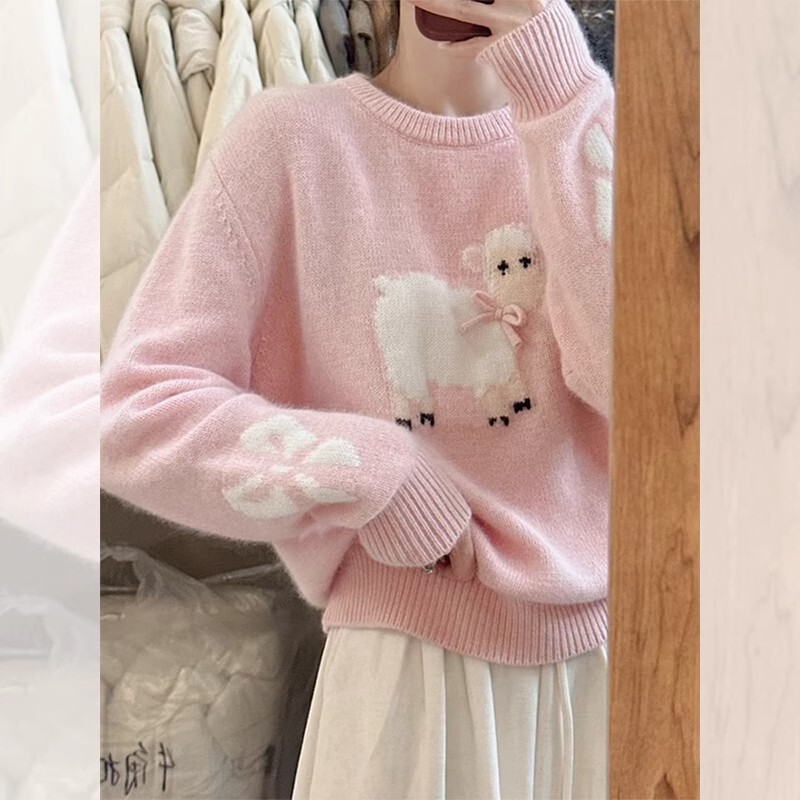Gentle Wind Milk fufu Pink Lamb Jacquard Sweater Women's Outer Wear Small Loose Lazy Knitted Top Autumn and Winter Gentle Wind Milk fufu Pink Lamb Jacquard Sweater Women's Outer Wear Small Loose Lazy Knitted Top Autumn and Winter