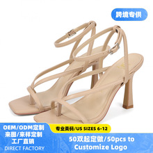 亚马逊专供罗马凉鞋女夏季新款欧美跨境方头露趾一字带夹脚高跟鞋