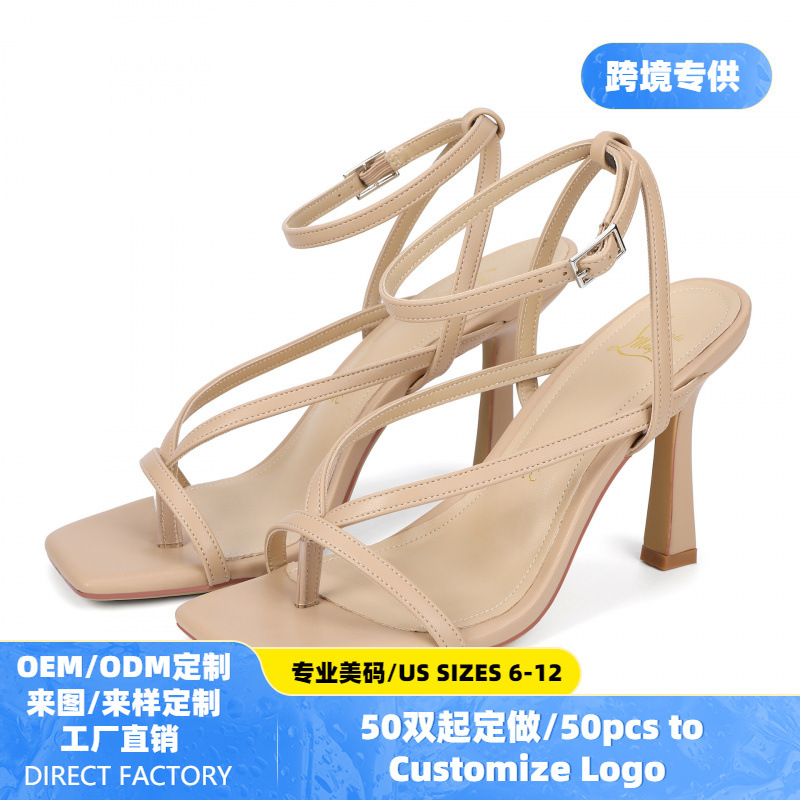 亚马逊专供罗马凉鞋女夏季新款欧美跨境方头露趾一字带夹脚高跟鞋