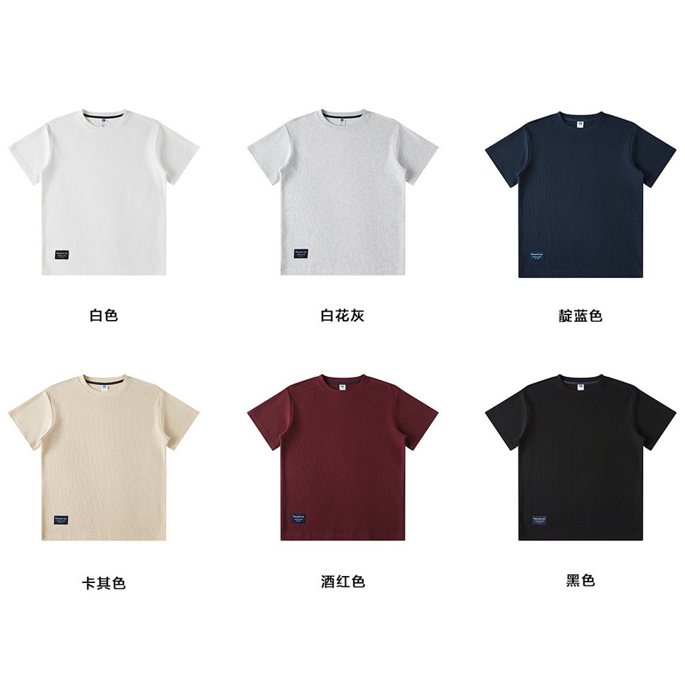 280g waffle de manga corta Camiseta de los hombres de verano casual flojo americano retro pesado hombro de punto camisa de media manga