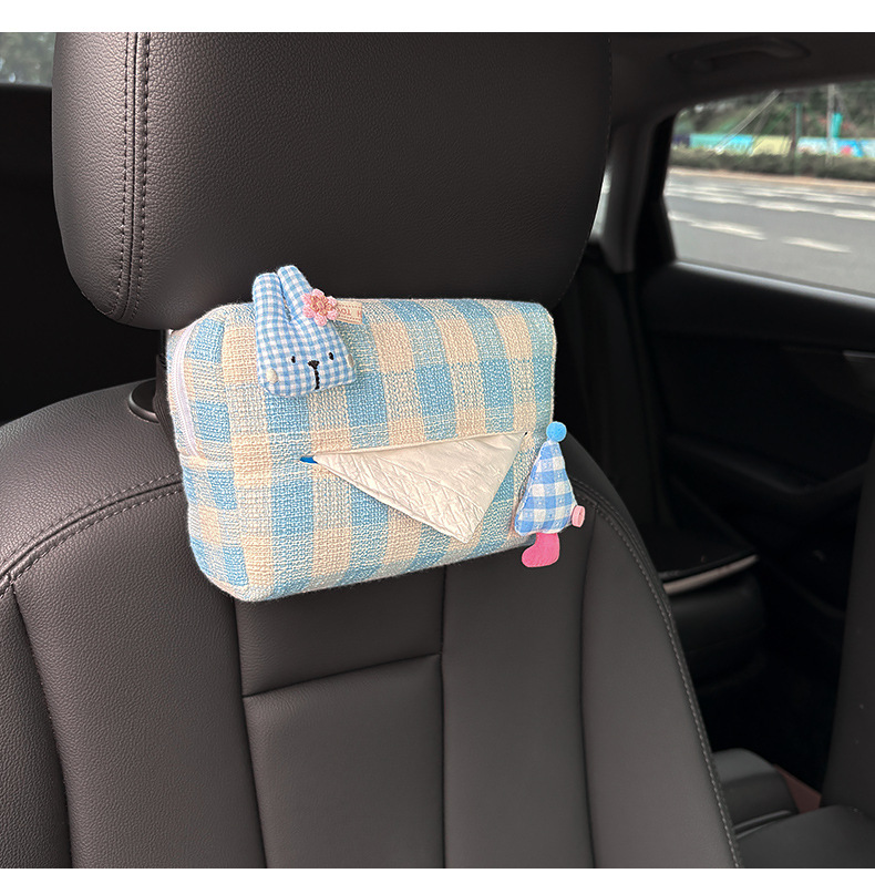 Creative Cartoon Plaid Bear Car Seat Back Hanging Paper Box Car Armrest Box Tissue Box Car Tissue Bag