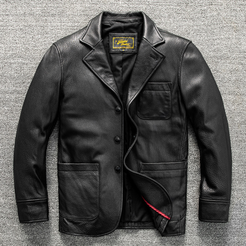First-Layer Sheepskin Textured Men's Business Suit, Fashionable Casual Versatile Genuine Leather Jacket for Autumn and Winter