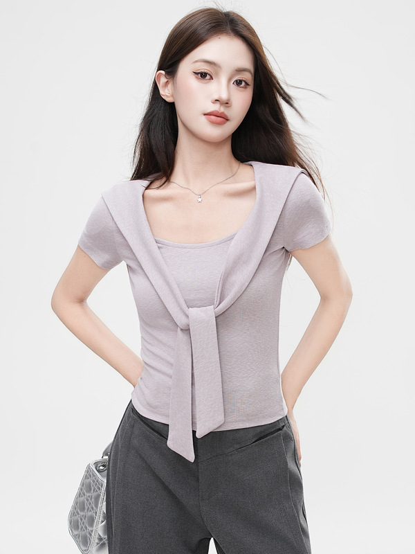 Jiyou グレーパープルフェイクツーピースデザインショール V ネック半袖 Tシャツ女性の夏ニッチスリムショートトップ|undefined