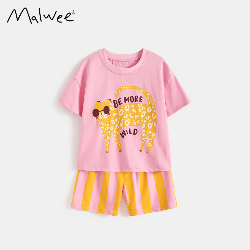 Trajes de niñas malwee transfronterizos de verano nuevos lindos camisetas de cuello redondo de niñas europeas y americanas para niños y medianos dos conjuntos