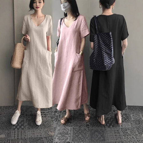 A large number of 2025 summer literary and artistic national style retro women's cotton linen V-neck large swing loose one-piece dresses