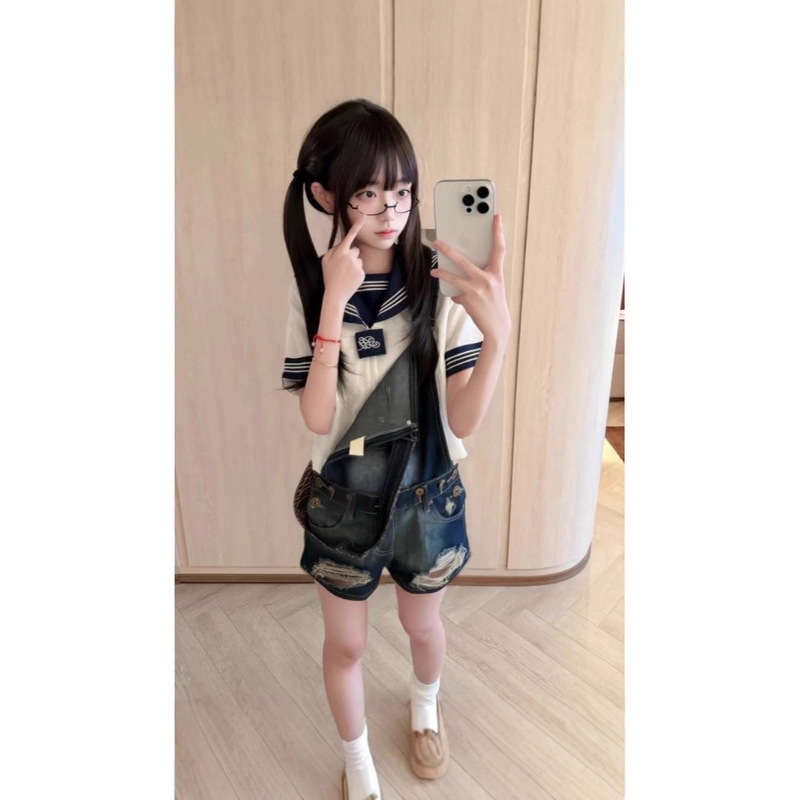 American-Style Spicy Girl Detachable Two-Way Ripped Denim Overalls Shorts for Women, New Summer Style One-Piece Bodycon Hot Pants Trendy