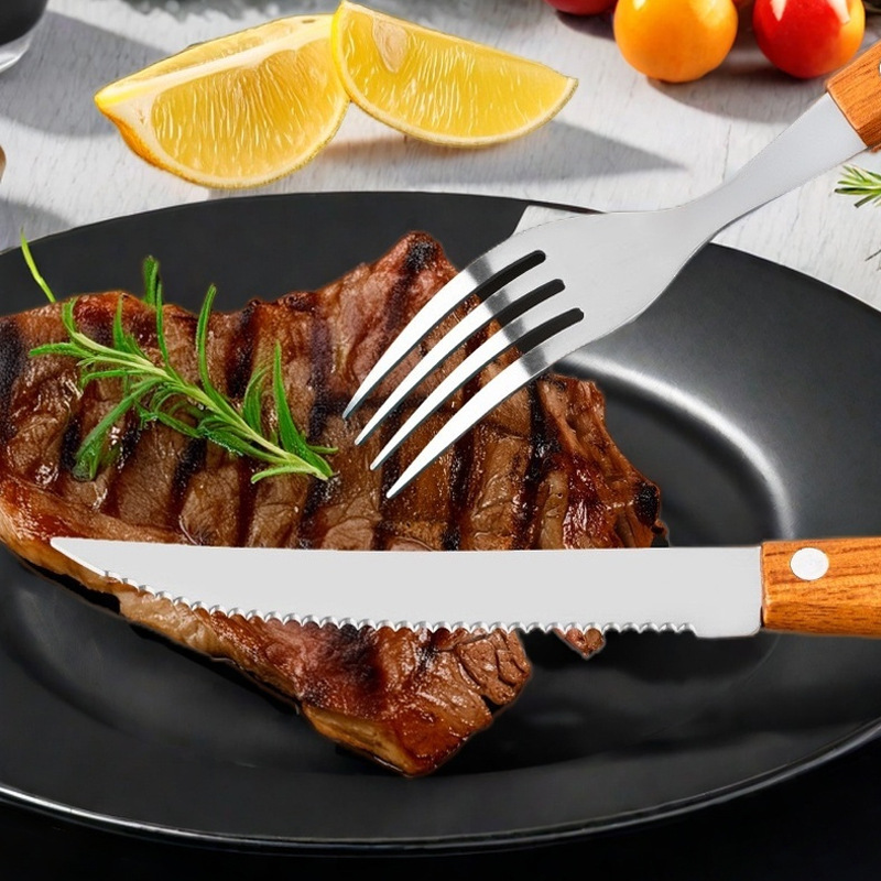 Cuchillo y tenedor de acero inoxidable explotador transfronterizo cubiertos occidentales cuchillo y tenedor de filete conjunto de sopas de sopa mango de madera de cinco piezas conjunto de cuchillo y tenedor afilado
