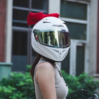 Cute Full-Face Helmets for Couples Cat, Motosiklet kaskı (dəbilqə) - high-grade-porcelain-white-gold-lens-red-bow-m