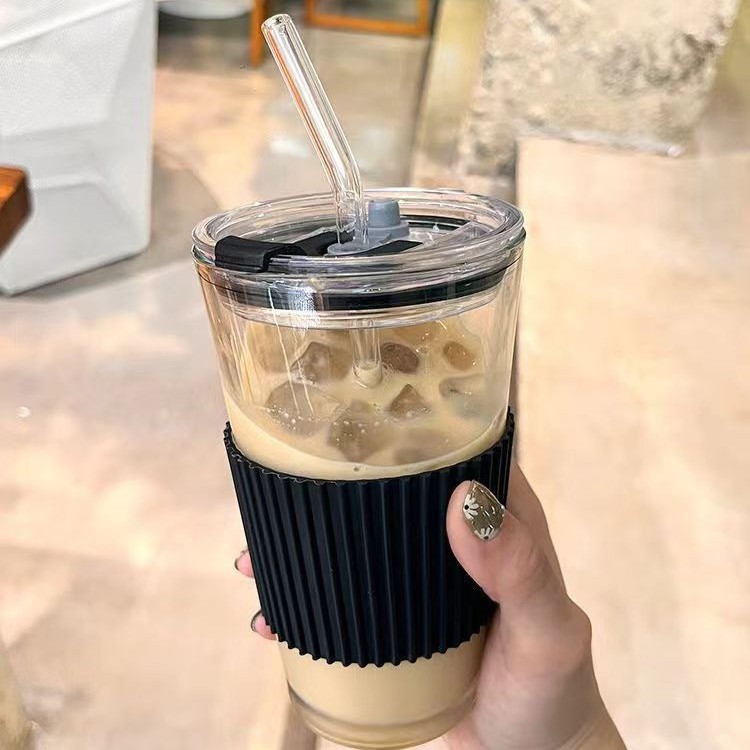 Taza de vidrio con tapa de alto valor de la cara taza de café taza de agua portátil taza de paja 450ml