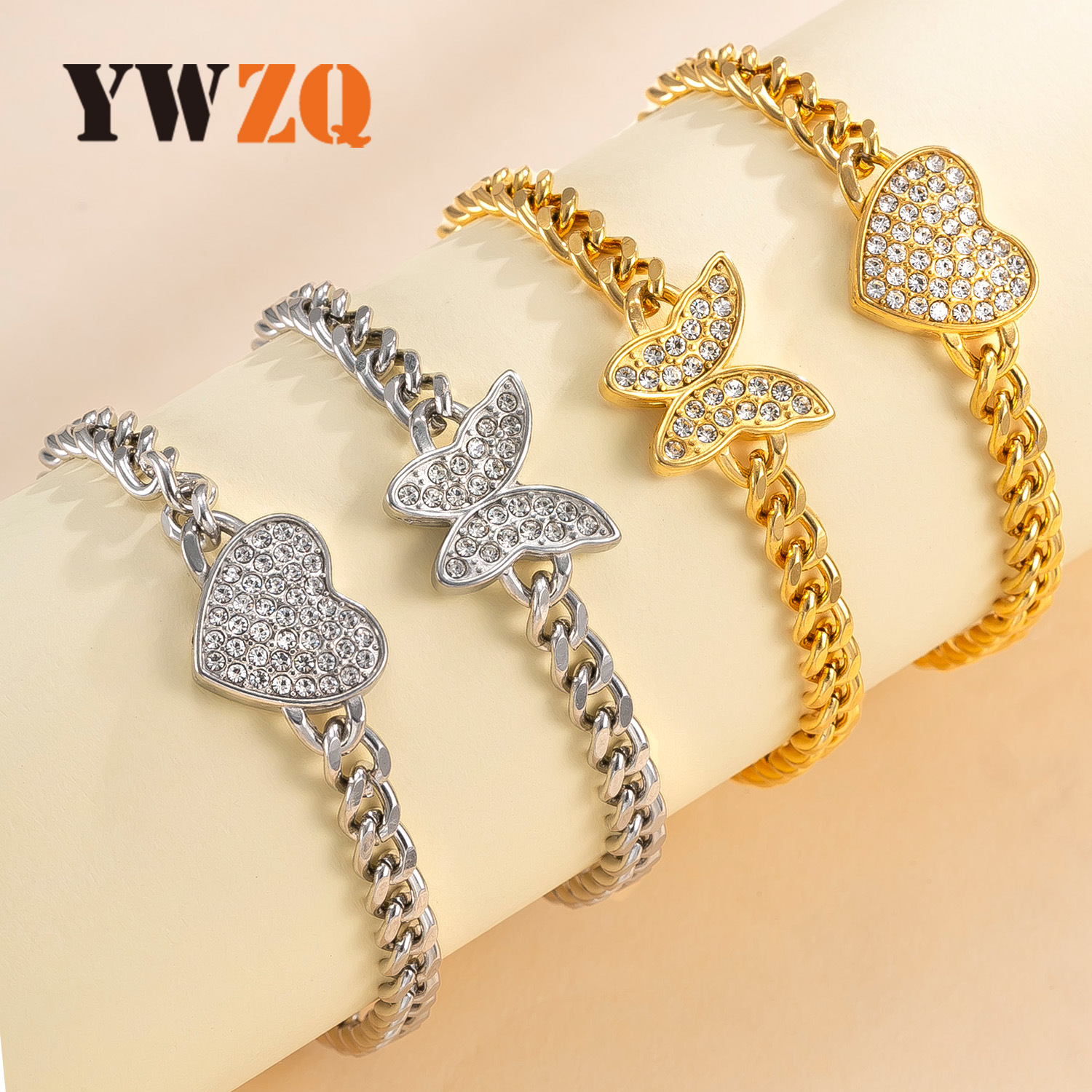Pulsera de acero inoxidable de venta caliente transfronteriza, amor de mariposa, pulsera de diamantes con incrustaciones, lujo ligero, joyería de acero de titanio de alta calidad, fábrica al por mayor