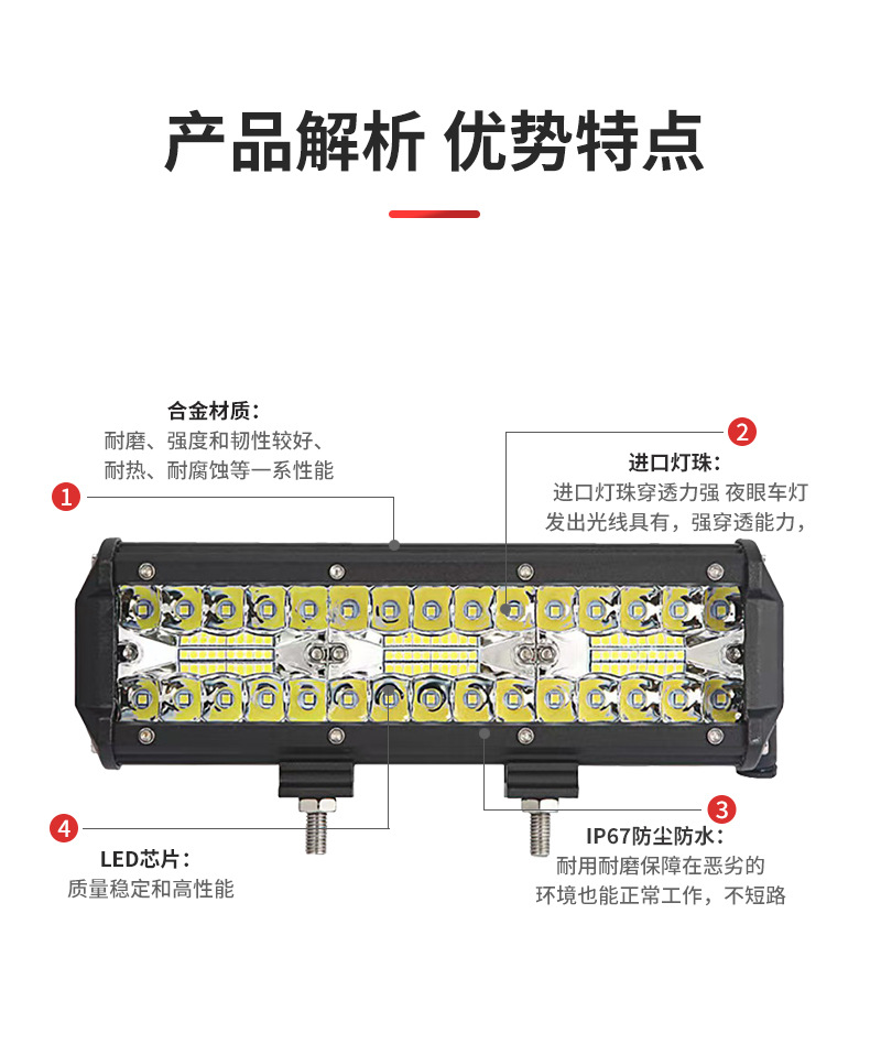 Car LED strip light, three-row 240W work light, inspection light, off-road vehicle roof light, off-road vehicle spotlight