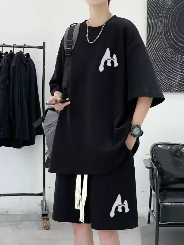 Traje de verano de los hombres de moda de todo fósforo de color sólido casual de manga corta Camiseta waffle Top marca de moda coreana ins shorts