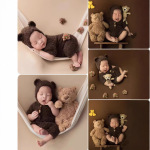 新生儿摄影服装道具咖啡色小熊帽子连体衣跨境婴儿拍照衣服宝宝照
