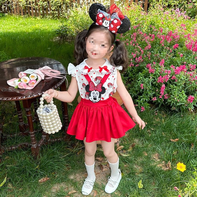 Girls Summer Lolita Princess Dress Minnie Shirt Suspender Baby Cartoon Girl Two-Piece Set Puffy Mini Skirt