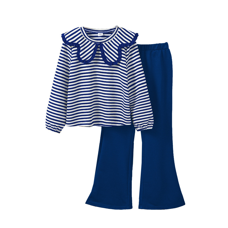 Explosiones europeas y americanas ropa de niñas otoño y invierno nuevo dulce collar rayas camisas de manga larga pantalones de moda casual