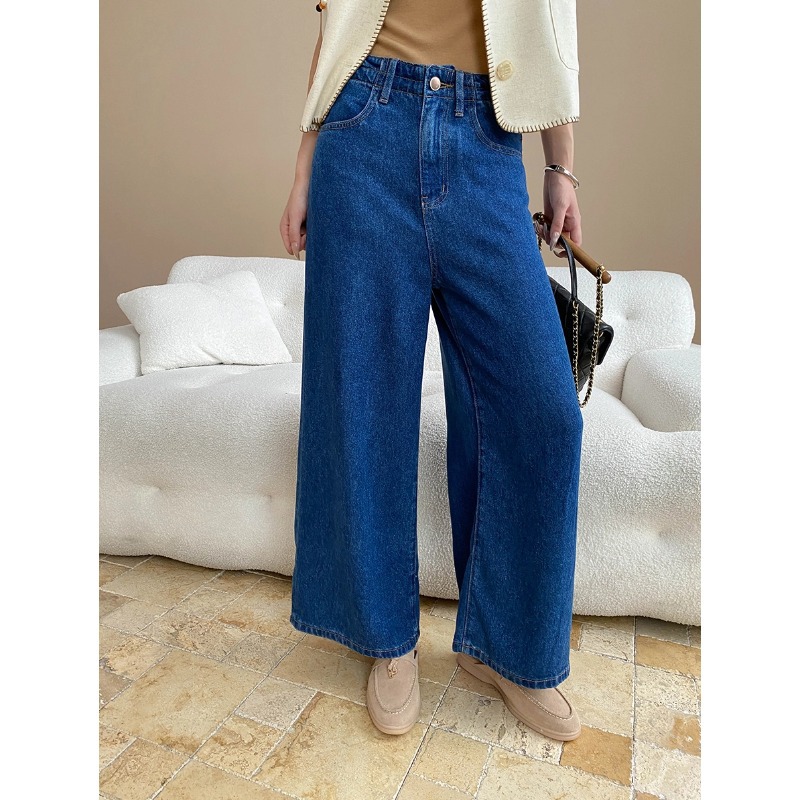 司南早秋新款摩登复古深蓝色宽松阔腿九分牛仔裤小个子