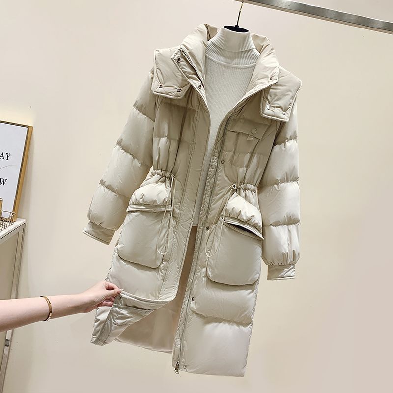 Hooded down Jacket, Over-The-Knee Long Style for Women, New Style for Autumn and Winter 2026, Super Stylish and Elegant Drawstring Waist Coat