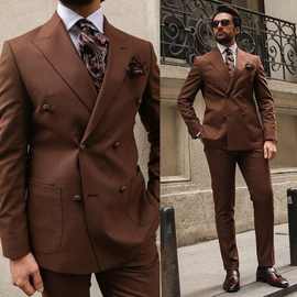 商务棕色男套装峰值翻领双排扣新郎正式燕尾服西装外套
