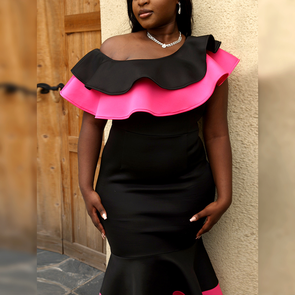 Plus Size Women's Dress One Shoulder Backless Ruffle Fishtail Dress_voghion.com