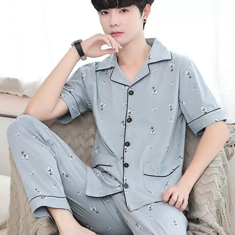 Pijamas para hombres de verano delgados algodón pantalones de mangas cortas para hombres ropa de hogar de verano más grande conjunto