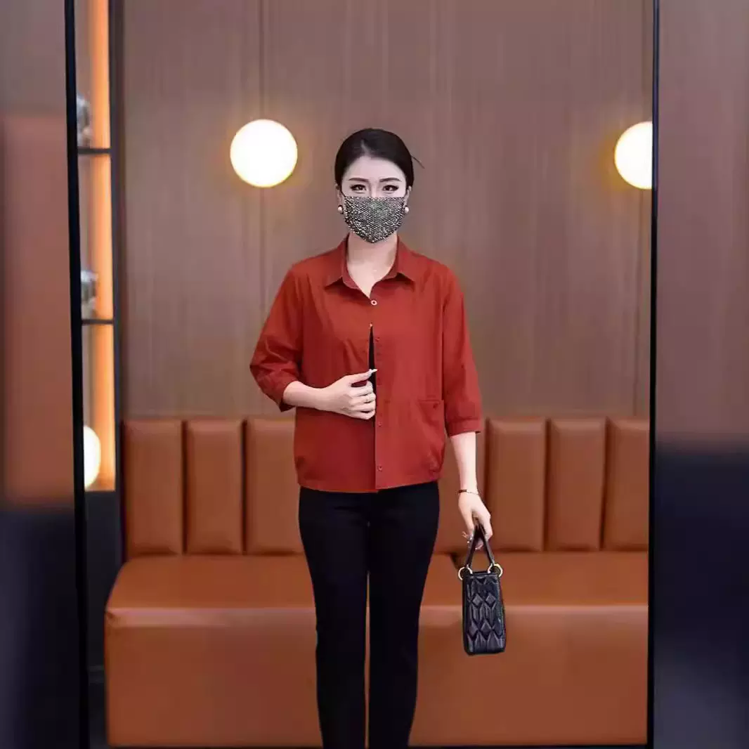 爆款衬衫七分袖2024新款妈妈宽松外套薄款洋气大码收腰休闲上衣