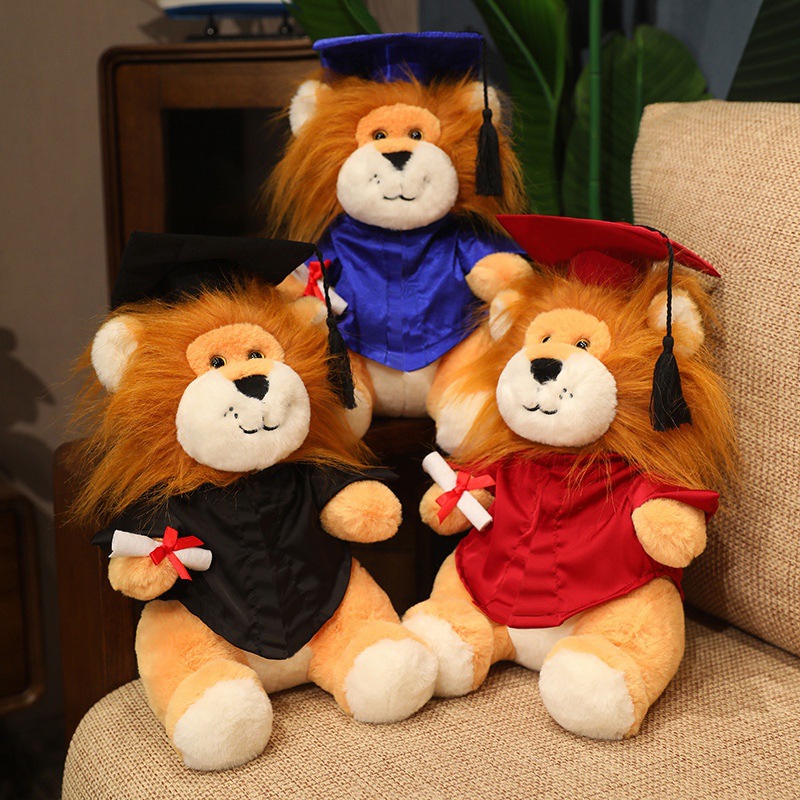 Uniforme de dibujos animados de león pequeño muñeca de peluche doctor muñeca logotipo impresa logotipo regalo de temporada de graduación de licenciatura