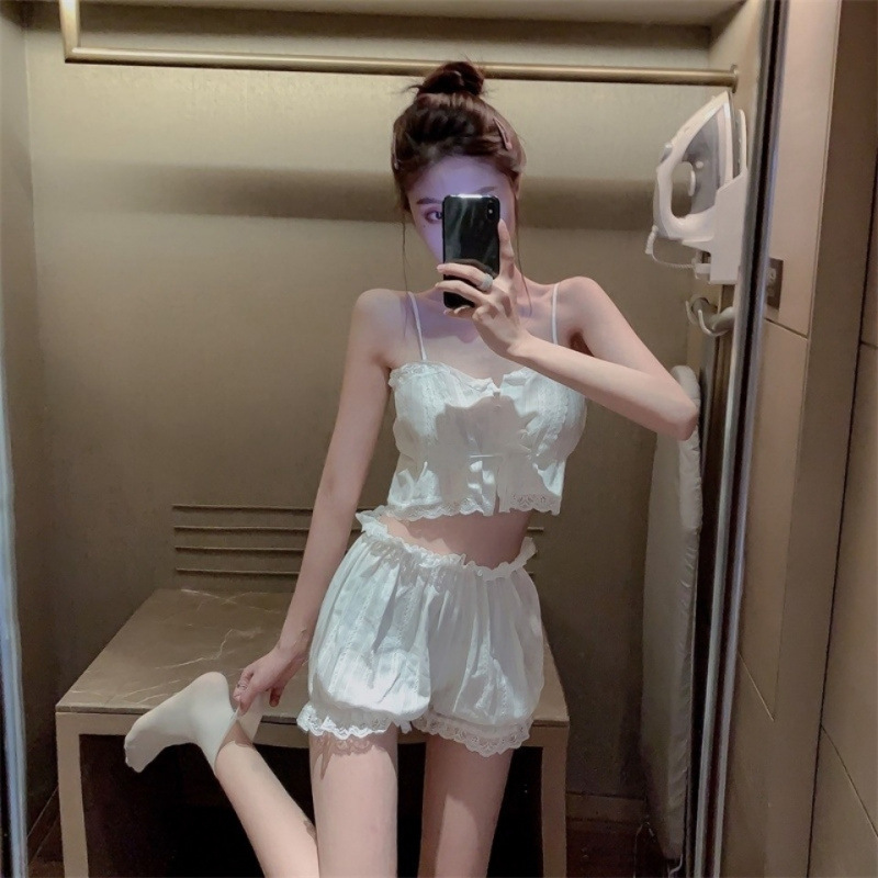 뷰티 키스: 섹시한 잠옷 여성 여름 2022 새로운 레이스 조끼 서스펜더 얇은 섹시한 홈 투피스 세트