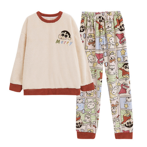 Cross-border Flannel Pajamas for Women - Autumn/Winter Round Neck Long Sleeve Cute Anime Style Student Warm Home Set