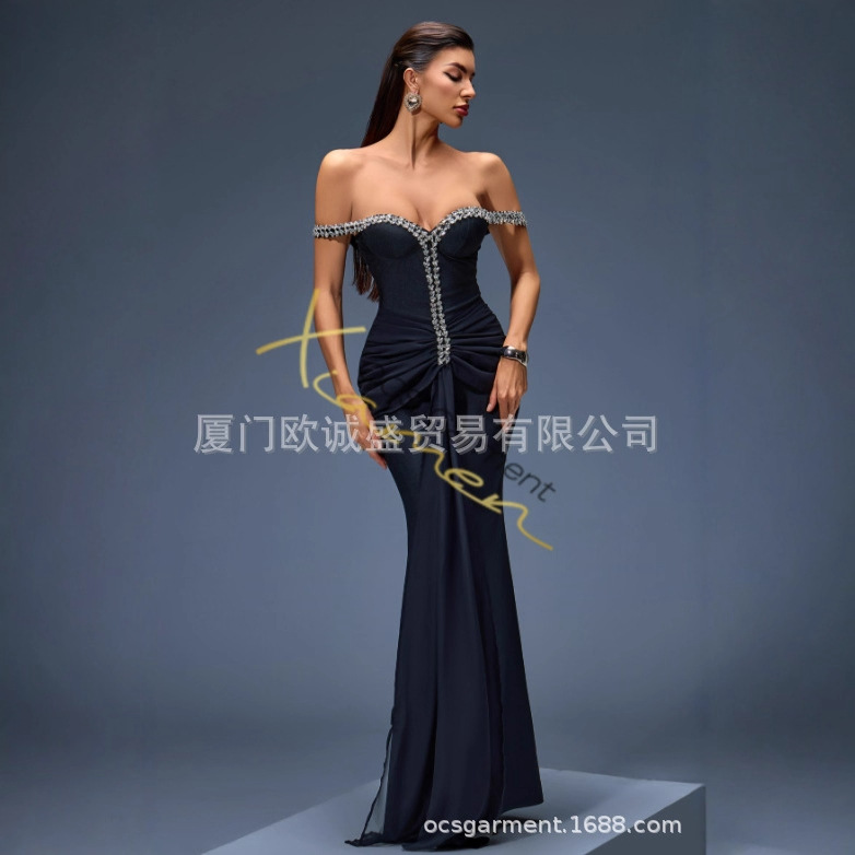 European and American Fashion Ready-Made Sexy One-Shoulder Diamond Chain Ribbon Long Fishtail Banquet Dress