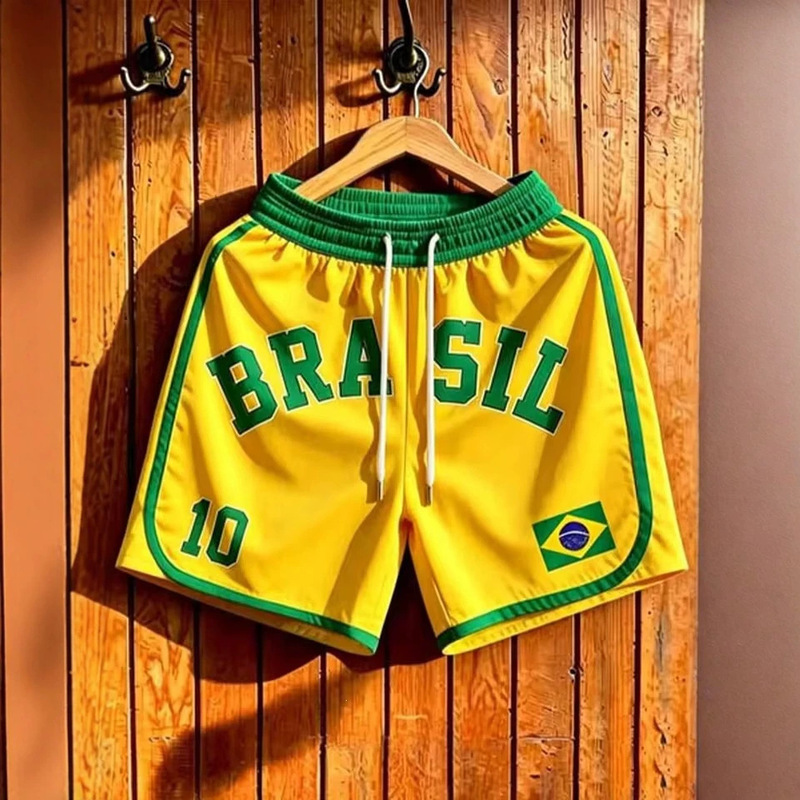 Retro Brazilian 10 football shorts for men, yellow shorts with the Brazilian flag graphic, suitable for sports training and running Retro Brazilian 10 football shorts for men, yellow shorts with the Brazilian flag graphic, suitable for sports training and running