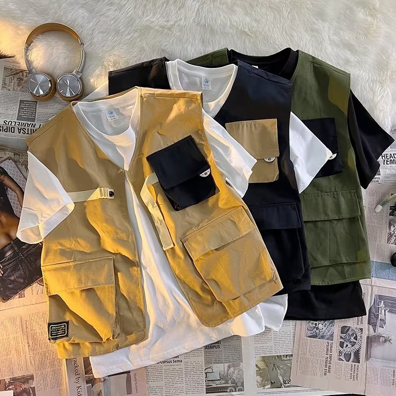 Workwear waistcoat printed trendy logo secret room escape multi-pocket overalls photography new media club vest gown