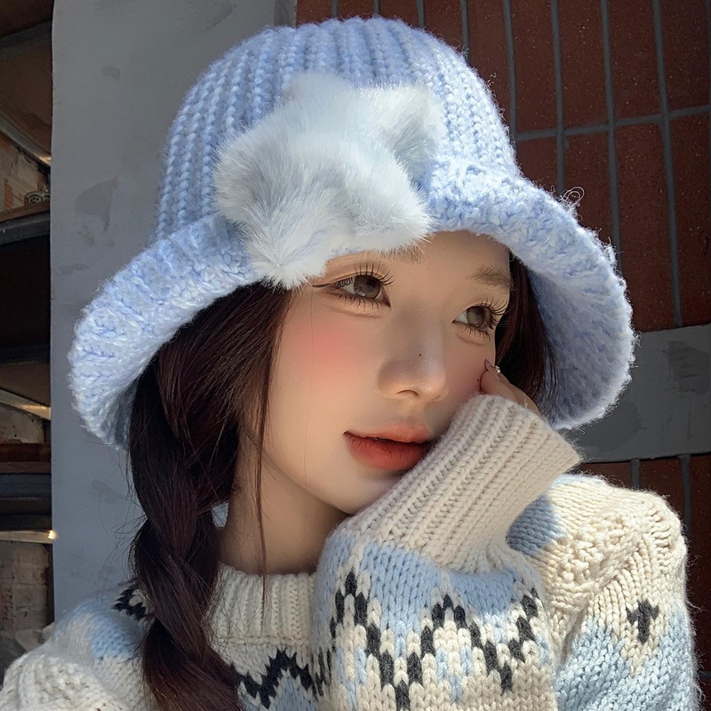 韩系可爱毛绒星星针织渔夫帽女秋冬大头围显脸小甜美百搭盆帽子潮|undefined