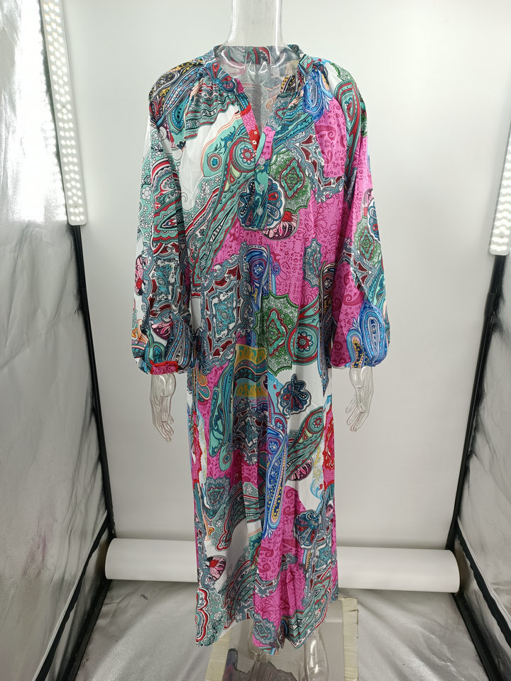 Women's printed pullover long sleeve long skirt V-neck swing loose dress_mkmklike.com