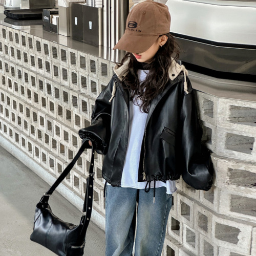 Girls' spring coat new style medium and large children's style loose spring and autumn leather jacket little girl's versatile hooded motorcycle jacket