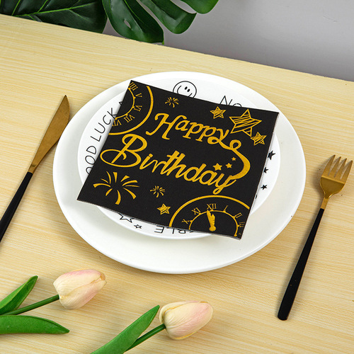 Happy Birthday Bronzing Black Theme Birthday Decoration Square Tissue Party Party Layout Napkin Wholesale