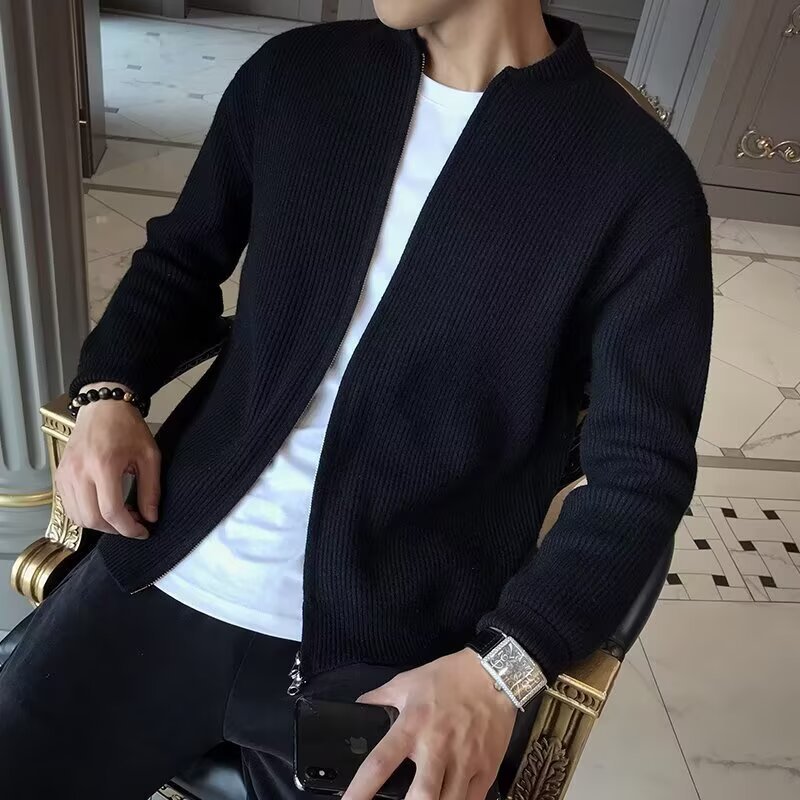 气质立领双拉链开衫男秋冬季复古商务休闲加厚保暖针织衫毛衣外套|undefined
