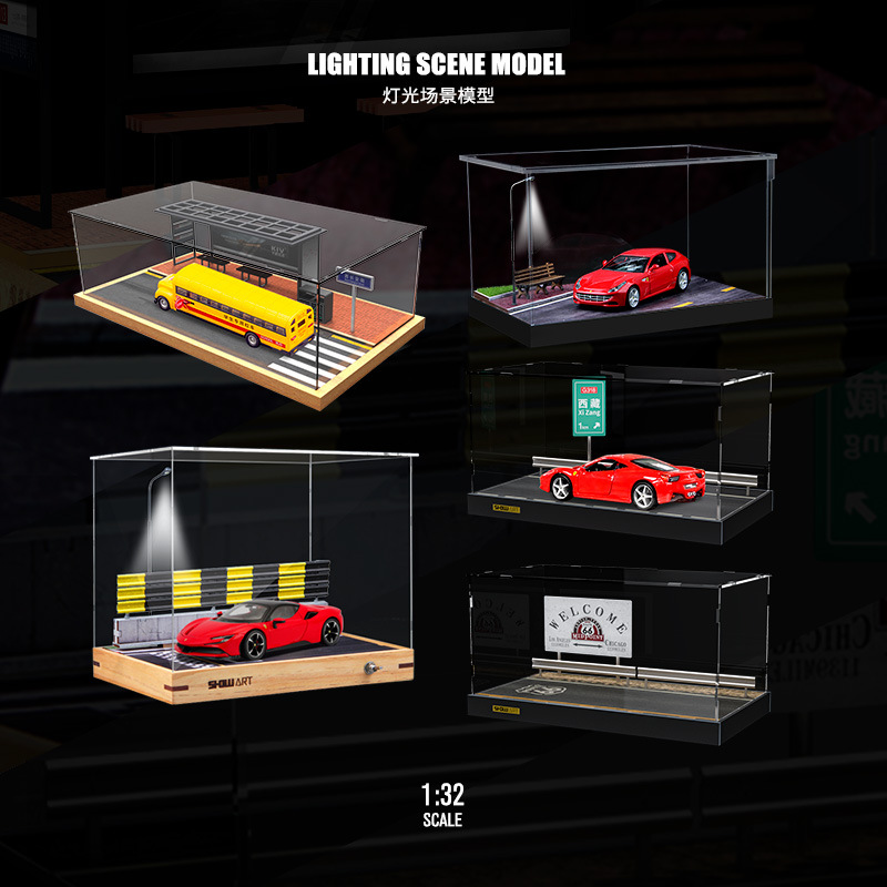 1:32 simulación modelo de estacionamiento escena caja de exhibición a prueba de polvo de aleación de juguete de almacenamiento de coches adornos de iluminación a prueba de polvo
