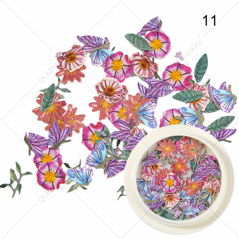 Joyas de manicura de la princesa inswind coloridas flores y hojas pájaros mariposas primavera serie de pulpa de madera parche de manicura
