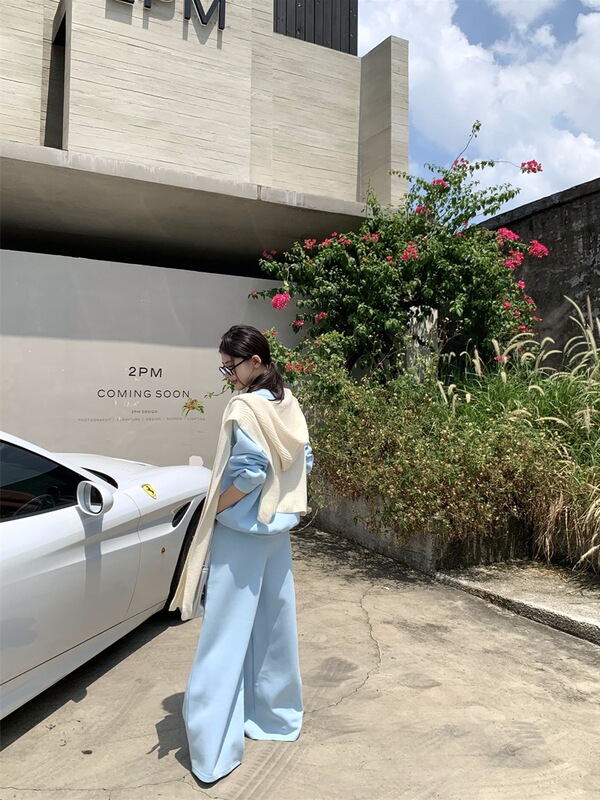 休闲运动蓝色卫衣套装女装韩系百搭高级感假两件上衣+直筒休闲裤|undefined