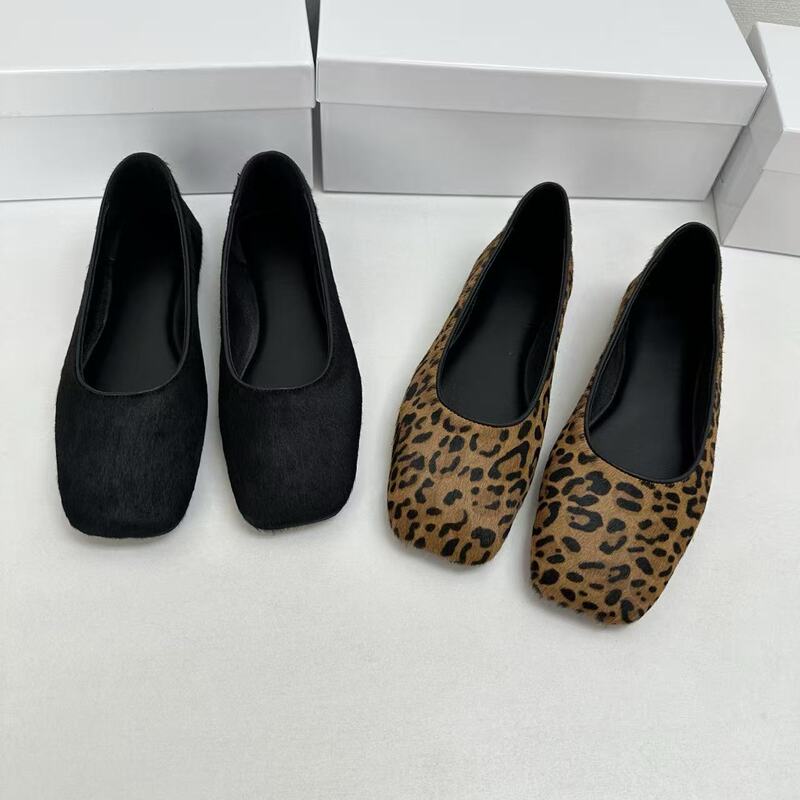 High-quality row-style horsehair leopard print square-toe shallow-mouth flats, slip-on ballet flats with soft soles, manufactured in Guangdong High-quality row-style horsehair leopard print square-toe shallow-mouth flats, slip-on ballet flats with soft soles, manufactured in Guangdong