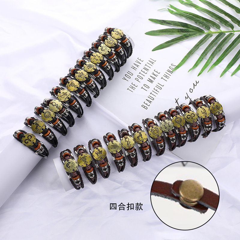 Cross-Border Twelve Constellations Leather Bracelets, Trendy and Personalized Couple Hand Jewelry, Creative Handmade Multi-Layered Beaded Bracelets