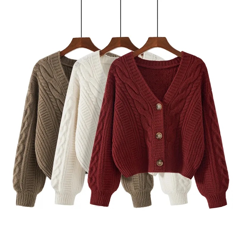 V Neck Sweater Loose Women's Lazy Style Autumn and Winter Outer Wear 2025 New Top Retro Twist Short Cardigan Jacket