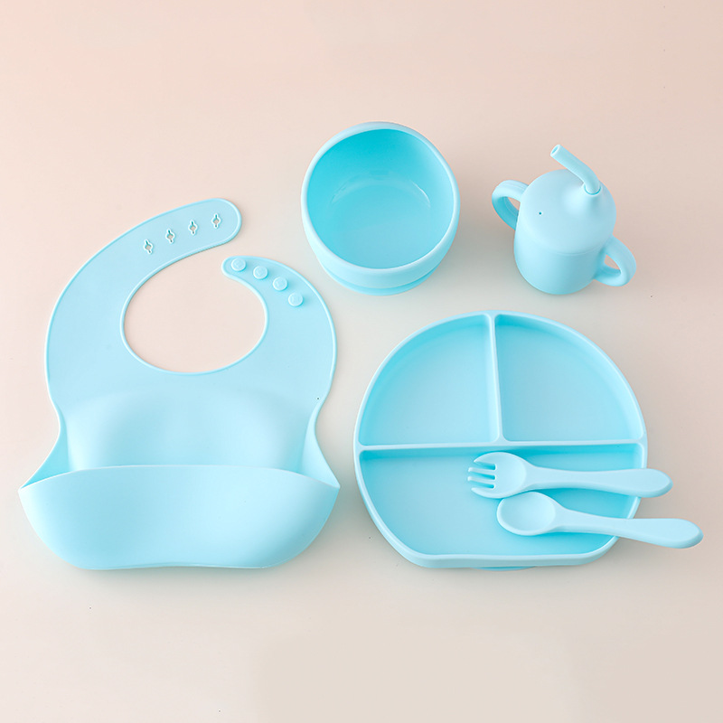 Juego de vajilla de silicona para bebés, vajilla de alimentación para bebés recién nacidos, plato de comedor de rejilla dividida de silicona, babero de tazón de alimentos al por mayor