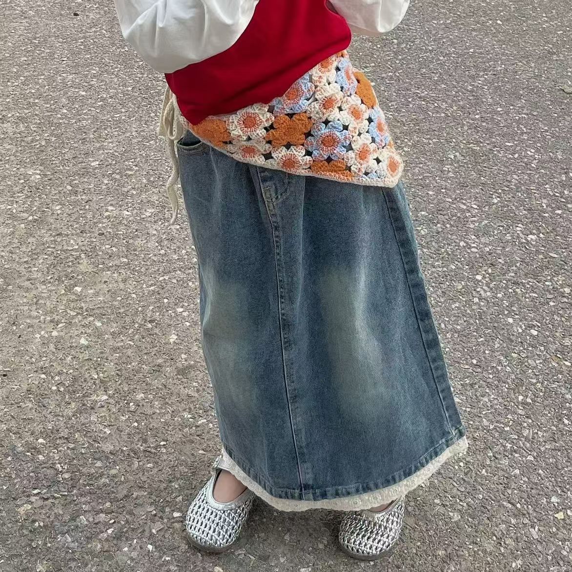 Niños niñas princesa encaje suave vaqueros niños grandes y medianos estilo coreano falda de cintura elástica cuatro estaciones transfronterizas