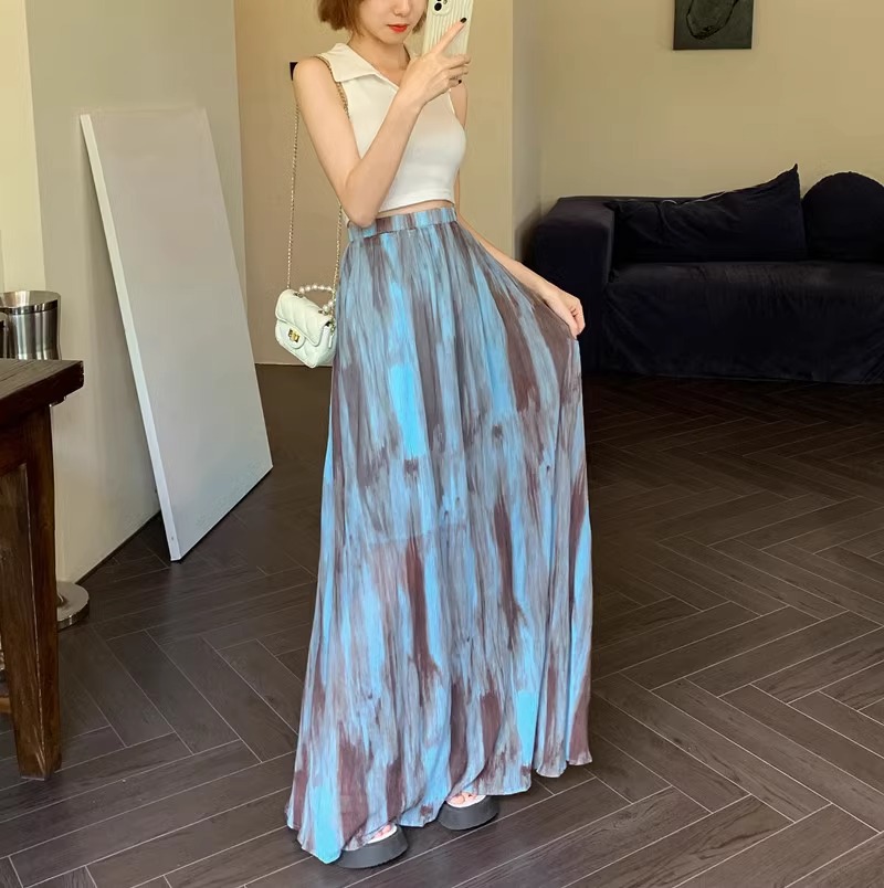 350g Weight Maxi Long Dress Dress Length Type Skirt Dresses Type Spandex, Polyester Fabric Type High Waist Waist Line Micro-Elastic Elasticity Holiday, Daily Occasion Loose Fit Type Printing Pattern Summer, Spring Season Women's Gender Vintage Style, Streetwear Style Blue Color Vintage Tie-Dye Midi Skirt For Women Spring Summer Vacation Style High Waist Slimming A-Line Skirt Draped Long Skirt Niche Flared Skirt Street Style High Street 11