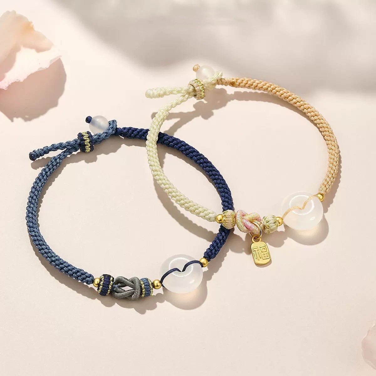 Natural White Agate Ruyi Ping An Buckle Lucky Couple Handmade Woven Hand Rope Men's and Women's Couple Bracelet