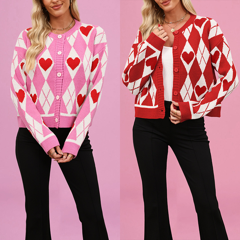 2026 New Model Versatile Cross-Border Trendy Heart-Patterned Sweater Button Cardigan Color-Blocking Valentine's Day Knit Jacket for Women